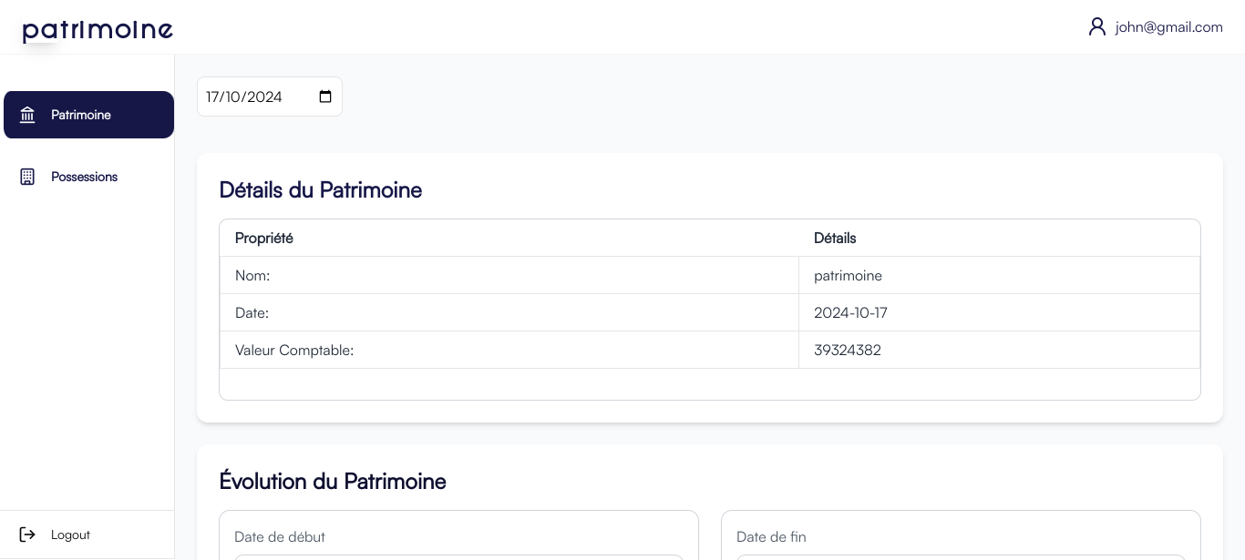 Patrimoine asset management app screenshot, a frontend project by a developer in Madagascar.